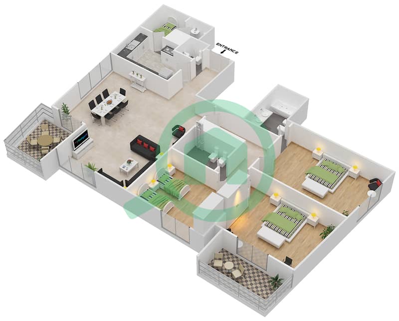 المخططات الطابقية لتصميم النموذج B شقة 3 غرف نوم - أبراج أمایا interactive3D