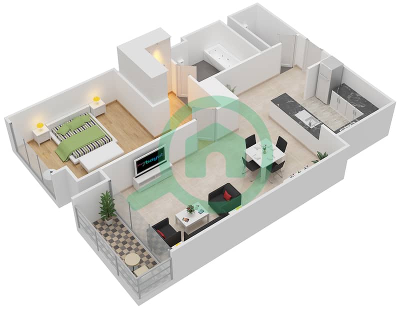 Marina Heights II - 1 Bedroom Apartment Type B Floor plan interactive3D