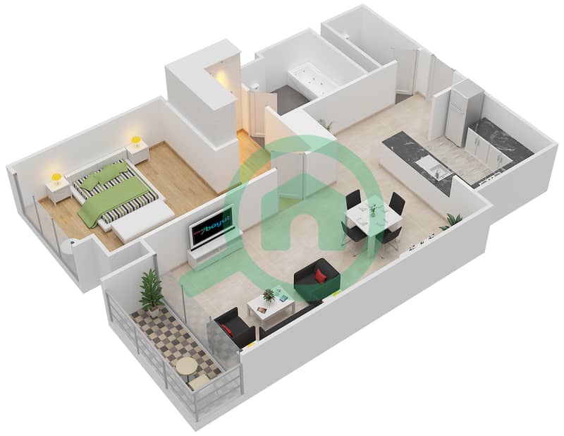 滨海公寓2号大楼 - 1 卧室公寓类型B戶型图 interactive3D