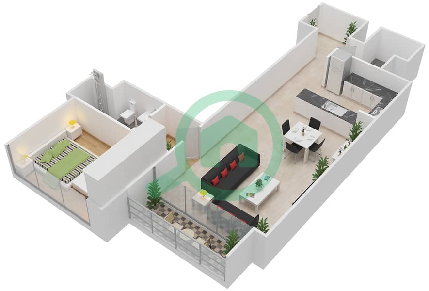 滨海公寓2号大楼 - 1 卧室公寓类型A戶型图 interactive3D