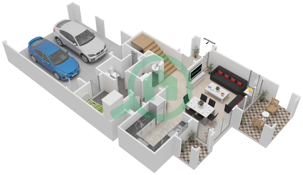 المخططات الطابقية لتصميم النموذج A تاون هاوس 3 غرف نوم - واحة ميرا 1 interactive3D