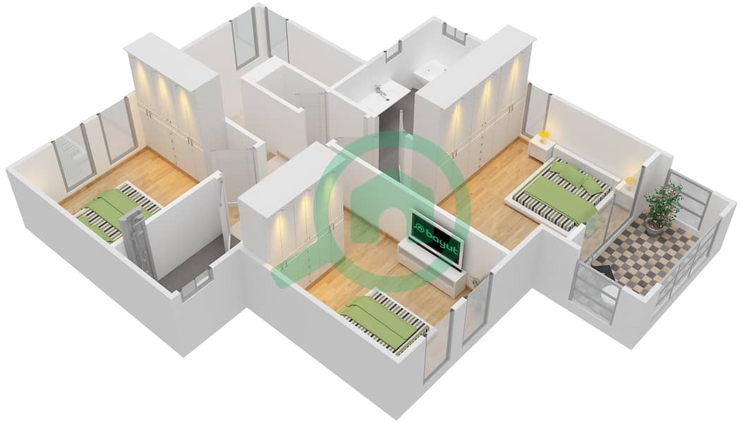المخططات الطابقية لتصميم النموذج A تاون هاوس 3 غرف نوم - واحة ميرا 1 interactive3D