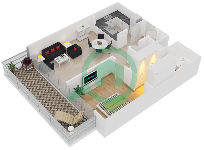المخططات الطابقية لتصميم الوحدة 107-110 FLOOR 1 شقة 1 غرفة نوم - A1 interactive3D