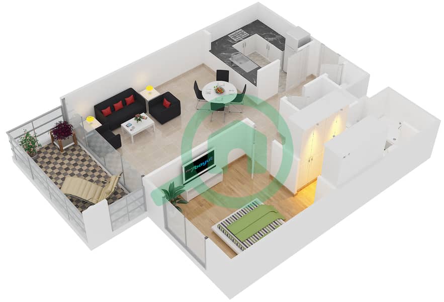 A1 - 1 Bedroom Apartment Unit 207,306,409,509,1008 Floor plan interactive3D