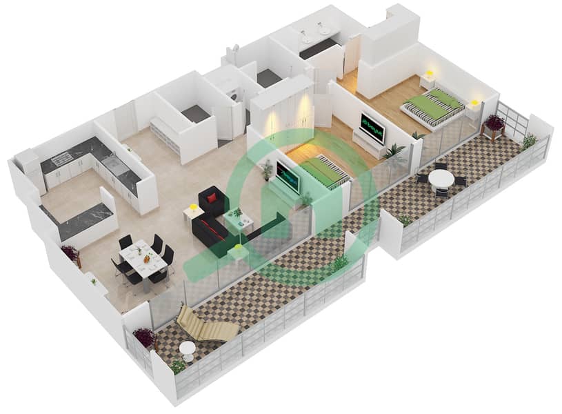المخططات الطابقية لتصميم الوحدة 105,205  FLOOR 1-2 شقة 2 غرفة نوم - A1 interactive3D