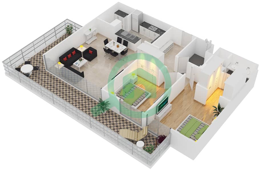 A1 - 2 卧室公寓单位111戶型图 interactive3D