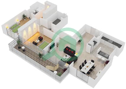 المخططات الطابقية لتصميم الوحدة 206 شقة 2 غرفة نوم - A1