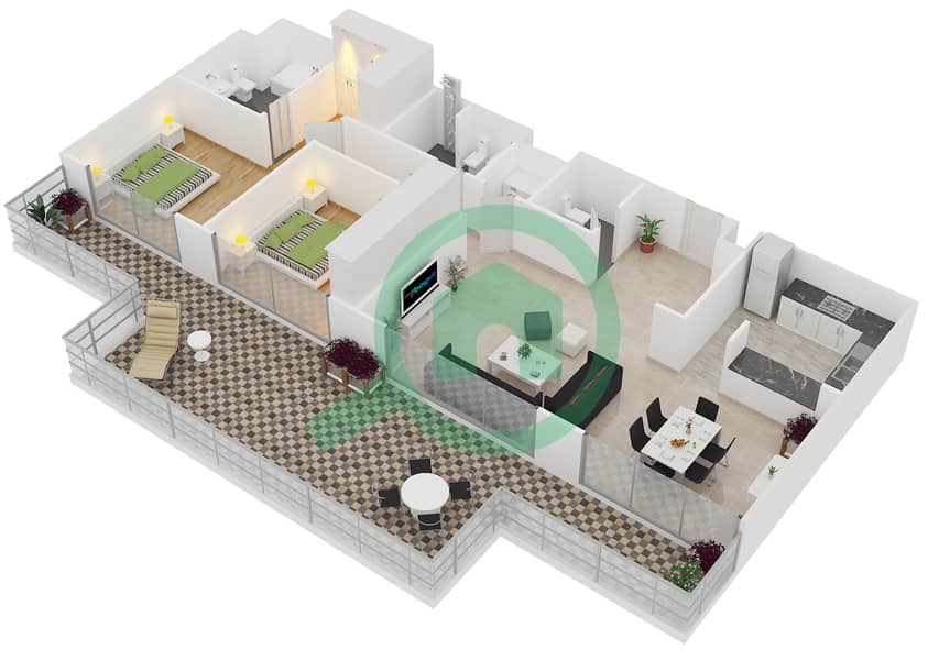 A1 - 2 卧室公寓单位1102,1103戶型图 interactive3D