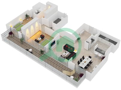 المخططات الطابقية لتصميم الوحدة 106 شقة 2 غرفة نوم - A1