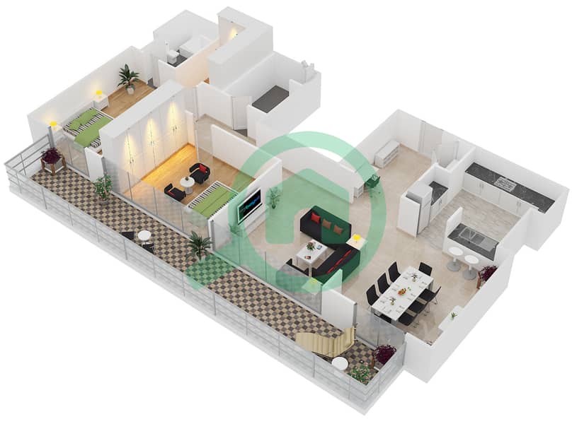 المخططات الطابقية لتصميم الوحدة 106 شقة 2 غرفة نوم - A1 interactive3D