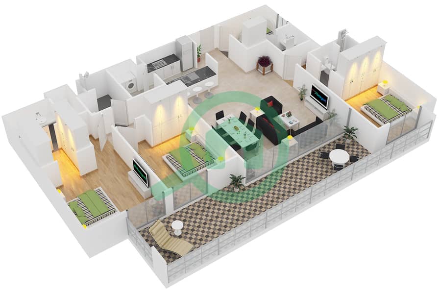А1 - Апартамент 3 Cпальни планировка Единица измерения 102,103 interactive3D