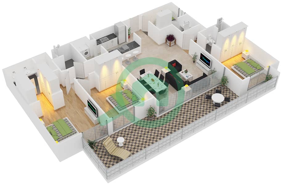 A1 - 3 卧室公寓单位101,104戶型图 interactive3D