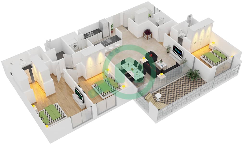 A1 - 3 卧室公寓单位204,304,404戶型图 interactive3D
