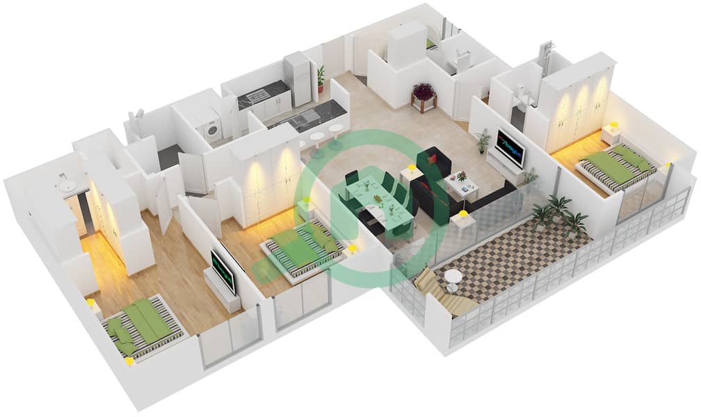 المخططات الطابقية لتصميم الوحدة 203,303,603,702 شقة 3 غرف نوم - A1 interactive3D