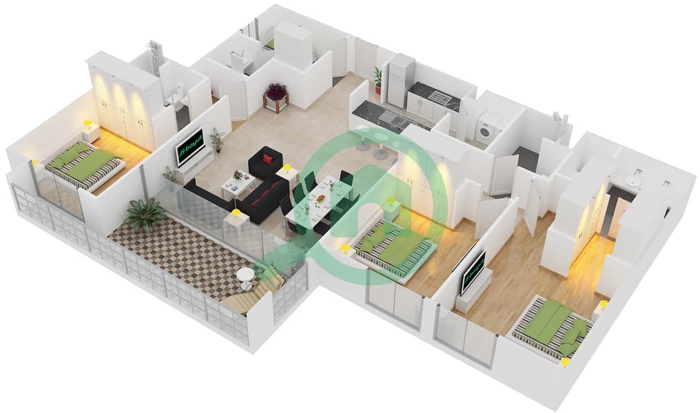 المخططات الطابقية لتصميم الوحدة 201,301,901,1201 FLOOR 2- شقة 3 غرف نوم - A1 interactive3D