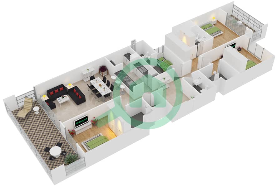 A1 - 3 卧室公寓单位305,505,1004戶型图 interactive3D