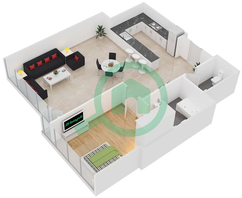 المخططات الطابقية لتصميم النموذج A شقة 1 غرفة نوم - برج تالا interactive3D