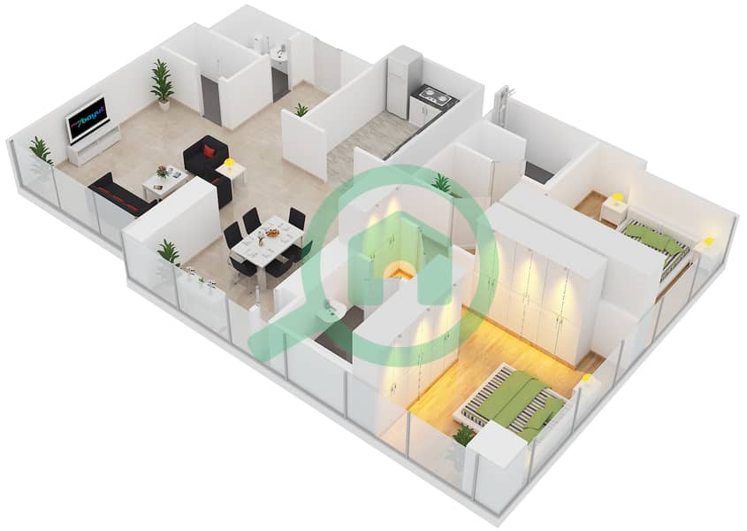 المخططات الطابقية لتصميم النموذج A شقة 2 غرفة نوم - برج تالا interactive3D
