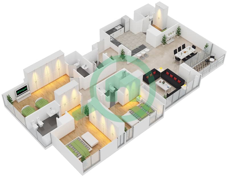 المخططات الطابقية لتصميم النموذج E شقة 3 غرف نوم - برج تالا interactive3D
