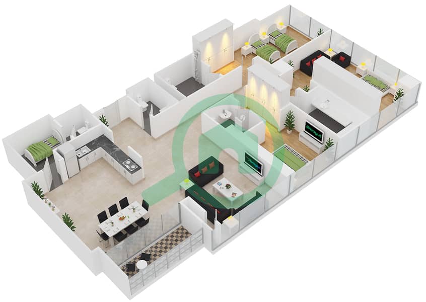 المخططات الطابقية لتصميم النموذج F شقة 3 غرف نوم - برج تالا interactive3D