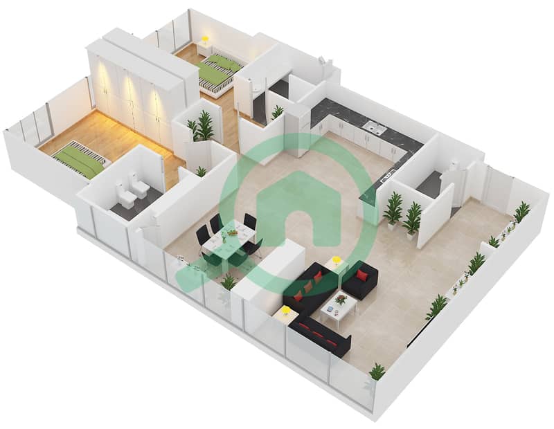 Тала Тауэр - Апартамент 2 Cпальни планировка Тип D interactive3D