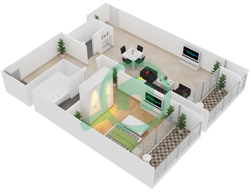 المخططات الطابقية لتصميم النموذج B شقة 1 غرفة نوم - برج تالا interactive3D