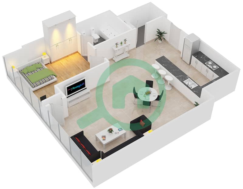 塔拉大厦 - 1 卧室公寓类型D2-A1戶型图 interactive3D
