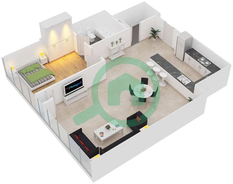 المخططات الطابقية لتصميم النموذج D2-A2 شقة 1 غرفة نوم - برج تالا interactive3D