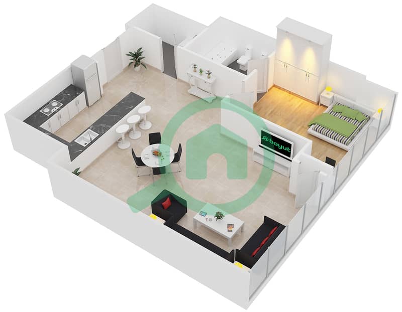 المخططات الطابقية لتصميم النموذج D2-A شقة 1 غرفة نوم - برج تالا interactive3D