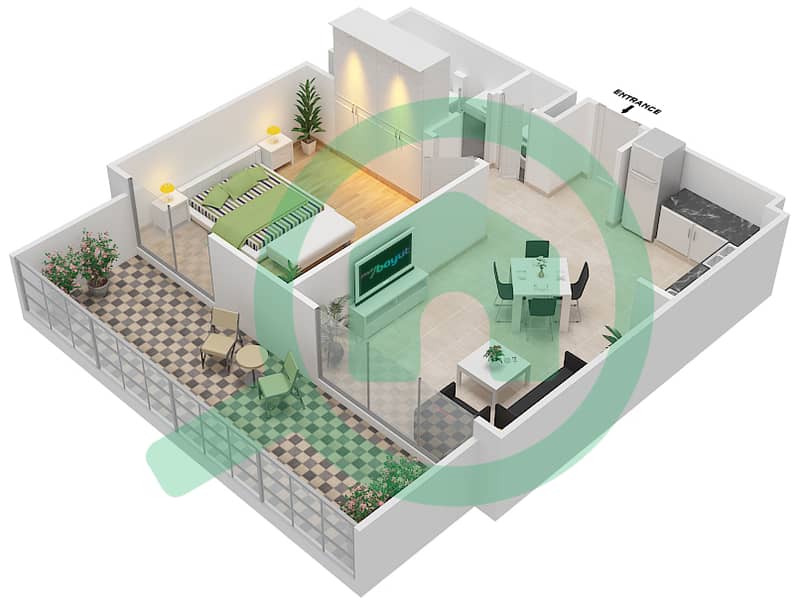 المخططات الطابقية لتصميم النموذج 1A-1 شقة 1 غرفة نوم - شقق وردة 1 interactive3D