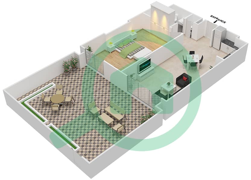 المخططات الطابقية لتصميم النموذج 1B-1 شقة 1 غرفة نوم - شقق وردة 1 interactive3D