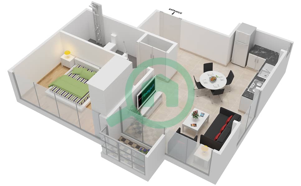 المخططات الطابقية لتصميم النموذج 6 شقة 1 غرفة نوم - عزيزي ريفييرا 12 interactive3D