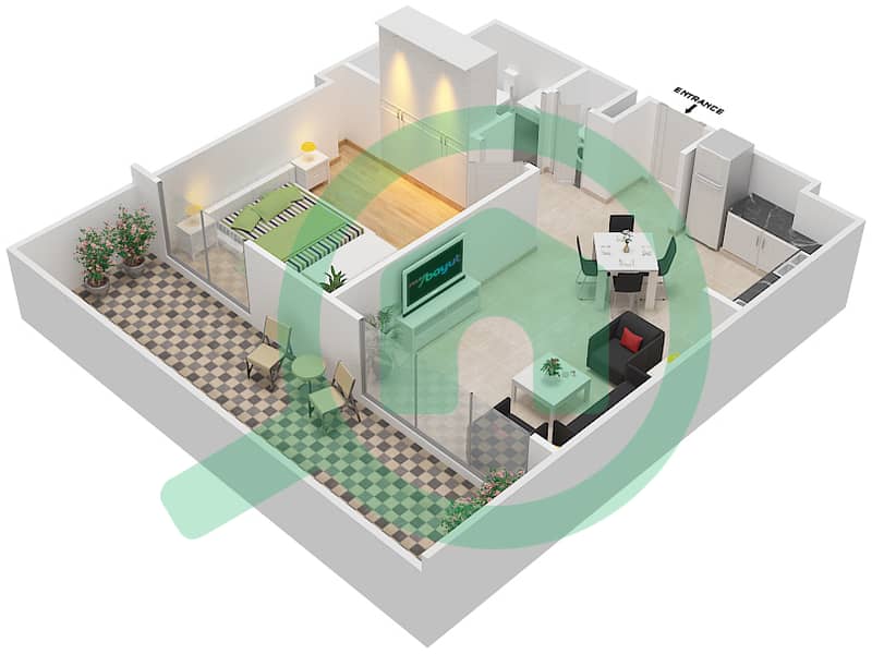 المخططات الطابقية لتصميم النموذج 1C-1 شقة 1 غرفة نوم - شقق وردة 1 interactive3D