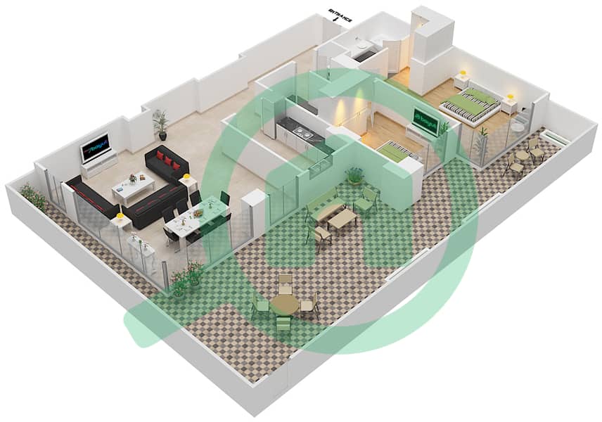 المخططات الطابقية لتصميم النموذج 2B-1 شقة 2 غرفة نوم - شقق وردة 1 interactive3D