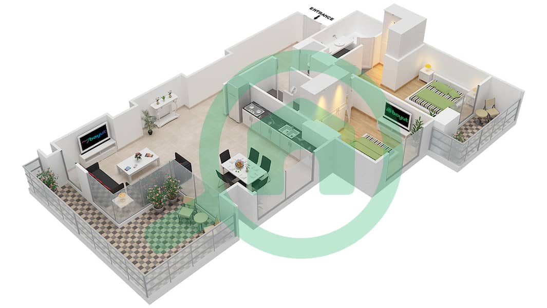 المخططات الطابقية لتصميم النموذج 2E-1 شقة 2 غرفة نوم - شقق وردة 1 interactive3D
