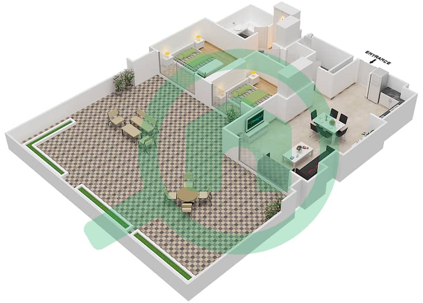 المخططات الطابقية لتصميم النموذج 2C-2 شقة 2 غرفة نوم - شقق وردة 1 interactive3D
