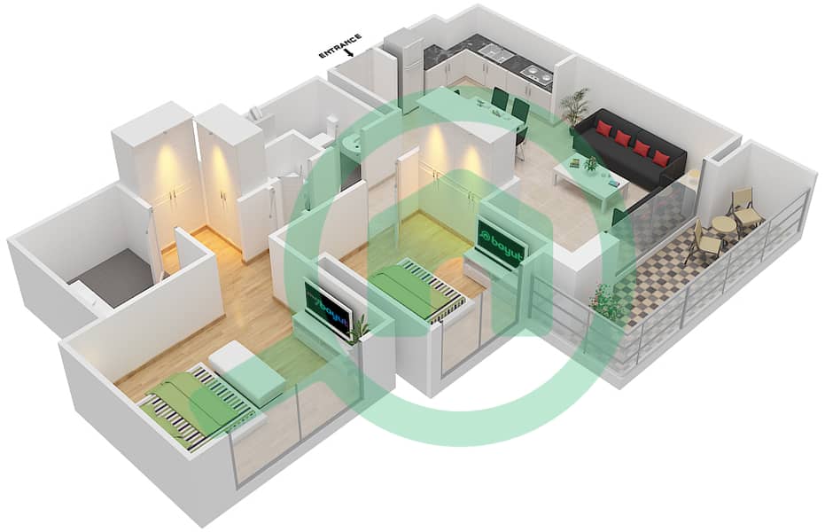 المخططات الطابقية لتصميم النموذج 2D-1 شقة 2 غرفة نوم - شقق وردة 1 interactive3D