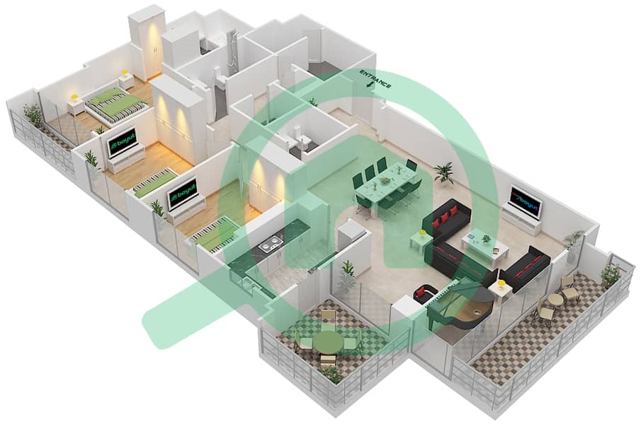 المخططات الطابقية لتصميم النموذج 3D-2 شقة 3 غرف نوم - شقق وردة 1 interactive3D