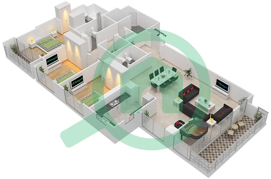 沃达公寓1号 - 3 卧室公寓类型3D-3戶型图 interactive3D