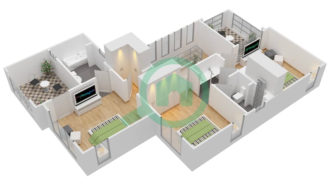 المخططات الطابقية لتصميم النموذج B تاون هاوس 3 غرف نوم - واحة ميرا 2 interactive3D