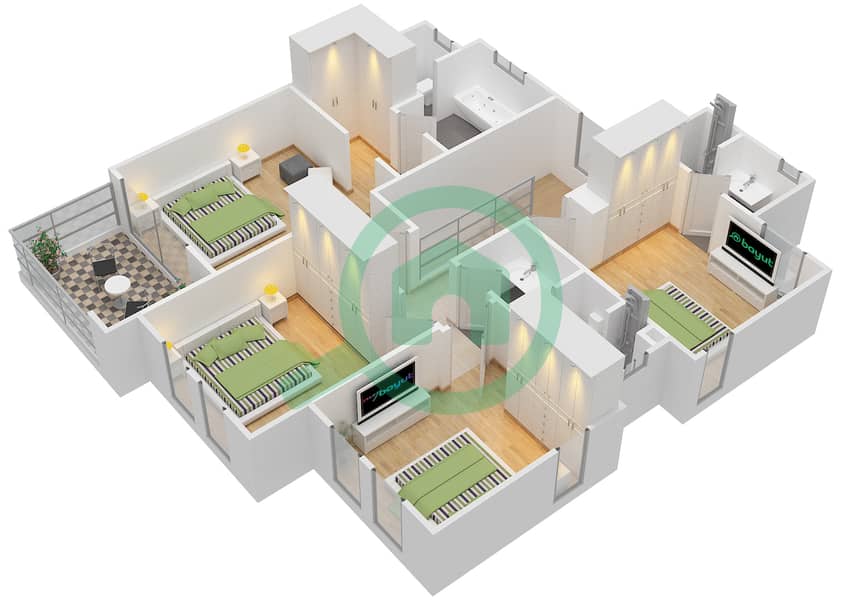 米拉绿洲2号区 - 4 卧室联排别墅类型E戶型图 interactive3D