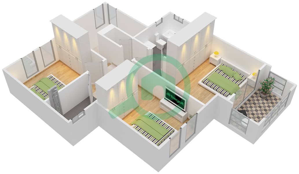 المخططات الطابقية لتصميم النموذج I تاون هاوس 3 غرف نوم - واحة ميرا 2 interactive3D