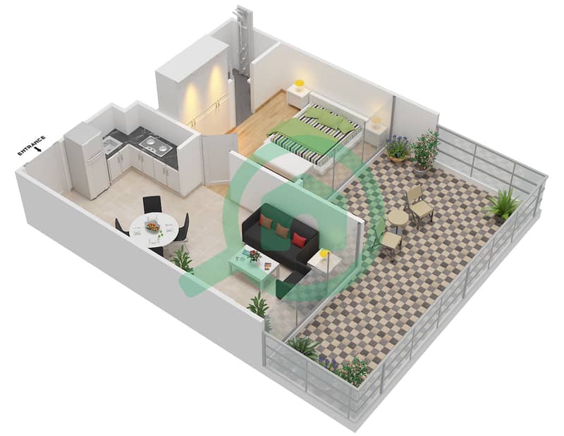 المخططات الطابقية لتصميم النموذج 2A شقة 1 غرفة نوم - عزيزي ريفييرا 1 interactive3D