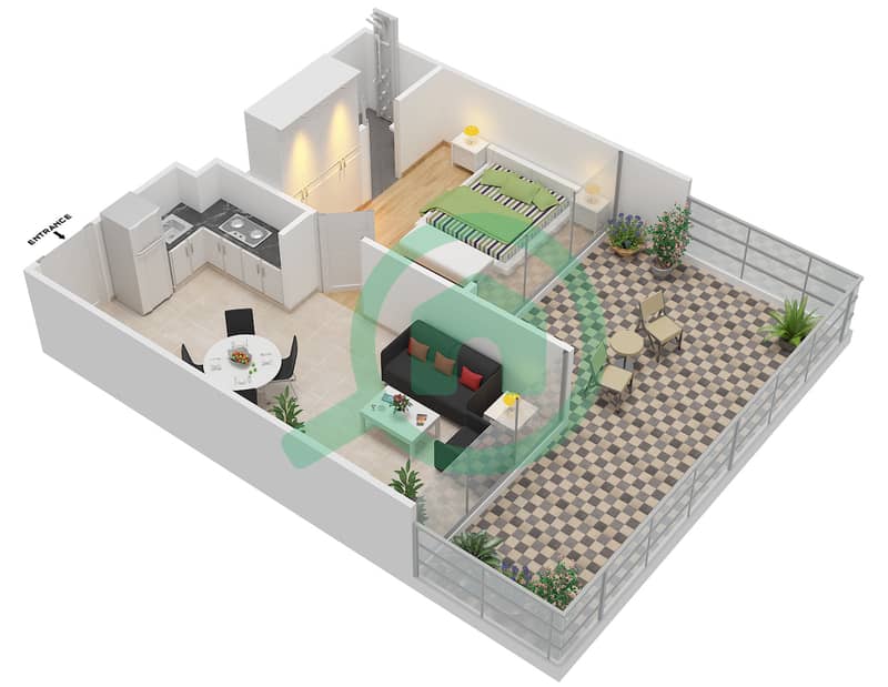 Азизи Ривьера 1 - Апартамент 1 Спальня планировка Тип 2A interactive3D