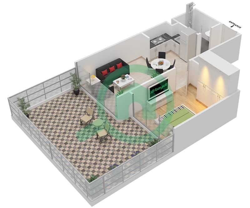 Азизи Ривьера 1 - Апартамент 1 Спальня планировка Тип 1A interactive3D