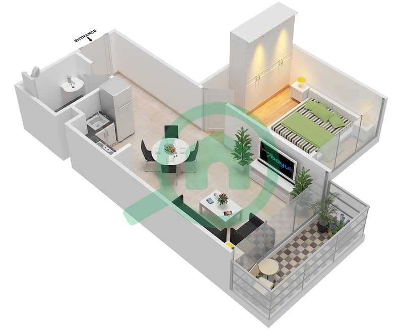 Азизи Ривьера 1 - Апартамент 1 Спальня планировка Тип 1B interactive3D