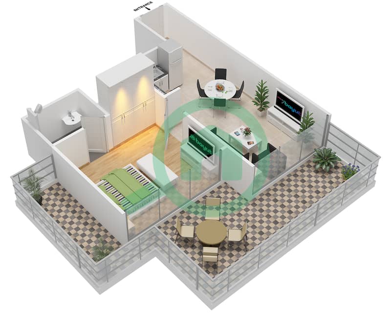 Азизи Ривьера 1 - Апартамент 1 Спальня планировка Тип 3A interactive3D