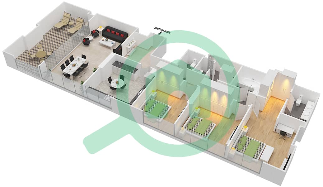 المخططات الطابقية لتصميم النموذج 3A2 شقة 3 غرف نوم - مساكن مونت روز A interactive3D