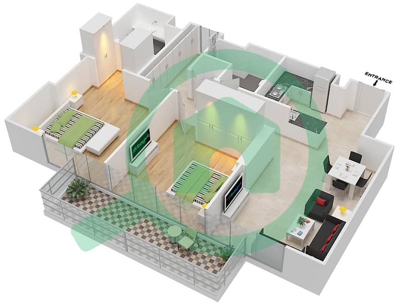 المخططات الطابقية لتصميم النموذج 2BA شقة 2 غرفة نوم - مساكن مونت روز A interactive3D