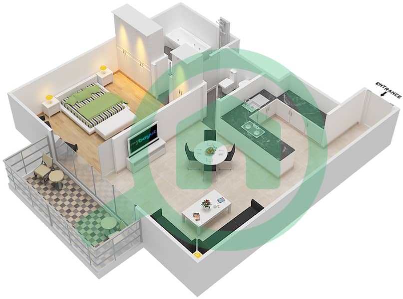 المخططات الطابقية لتصميم النموذج 1B2 شقة 1 غرفة نوم - مساكن مونت روز A interactive3D
